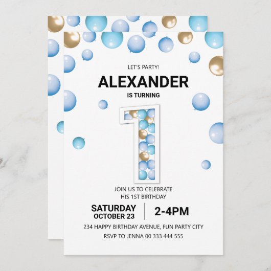 1e Verjaardagsfeestje, Blauw en Gouden Ballon Jong Kaart (Voorkant / Achterkant)