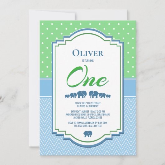 1e verjaardagsfeestje blauwe olifanten kaart (Voorkant)