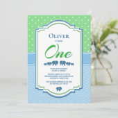 1e verjaardagsfeestje blauwe olifanten kaart (Staand voorkant)