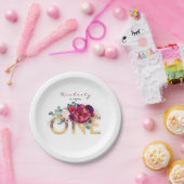 1e verjaardagsfeestje Bourgondische rode bloemen Papieren Bordje (Feest)