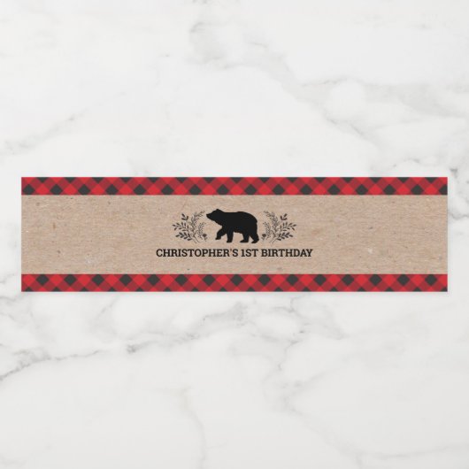 1e verjaardagsfeestje Buffalo Plaid Lumberjack Waterfles Etiket (Enkel label)