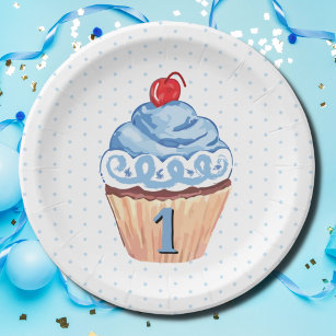 1e verjaardagsfeestje cupcake jongens blauw papieren bordje