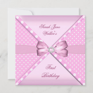 1e verjaardagsfeestje meisje roze witte polka stip kaart