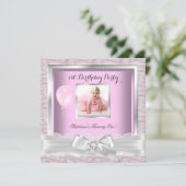 1e verjaardagsfeestje meisjes roze diamanten kaart (Staand voorkant)