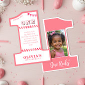 1e verjaardagsfeestje meisjes roze één foto bedankkaart