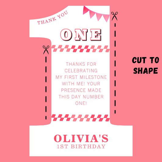 1e verjaardagsfeestje meisjes roze één foto bedankkaart