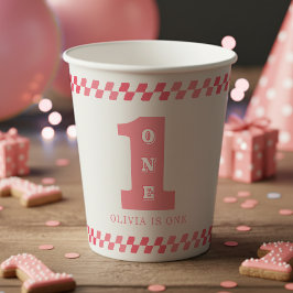 1e verjaardagsfeestje meisjes roze één papieren bekers