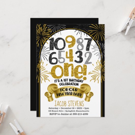 1e verjaardagsfeestje Nieuwjaar Countdown Uitnodig Kaart (Voorkant / Achterkant in situ)