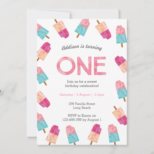 1e verjaardagsfeestje | Popsicle Ice Cream uitnodi Kaart (Voorkant)
