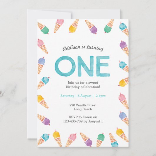 1e verjaardagsfeestje | Rainbow Ice cream uitnodig Kaart (Voorkant)