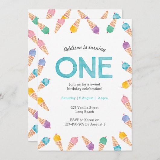 1e verjaardagsfeestje | Rainbow Ice cream uitnodig Kaart (Voorkant / Achterkant)