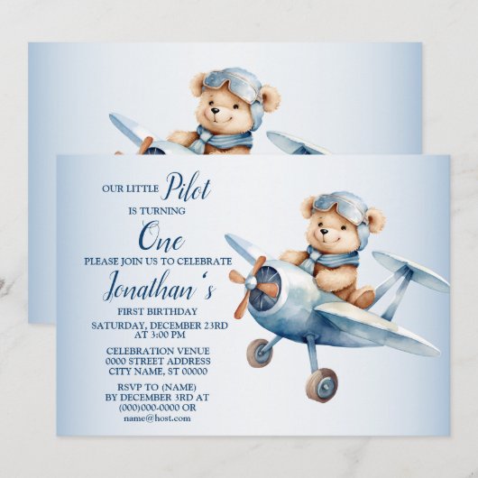 1e verjaardagsfeestje Schattige blauw Beer Pilot M Kaart (Voorkant / Achterkant)