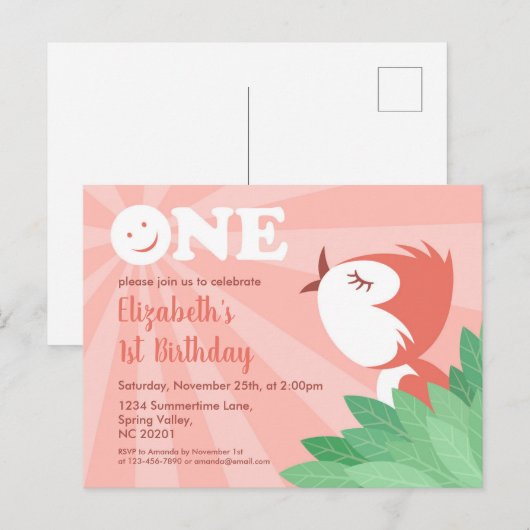 1e verjaardagsfeestje Schattige Chick Bird Meisje Uitnodiging Briefkaart (Voorkant / Achterkant)