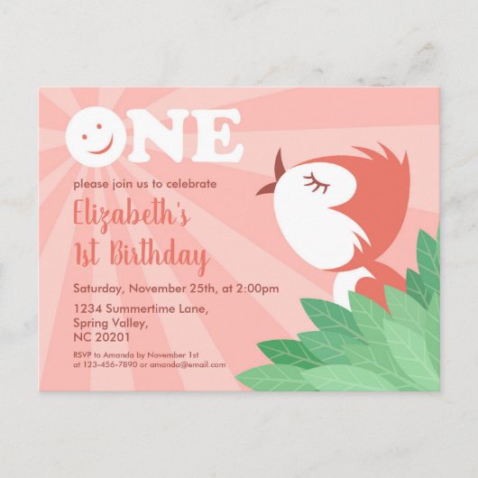 1e verjaardagsfeestje Schattige Chick Bird Meisje  Uitnodiging Briefkaart (Voorkant)