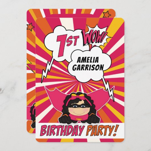 1e Verjaardagsfeestje Superheld Roze Comic voor Me Kaart (Voorkant / Achterkant)