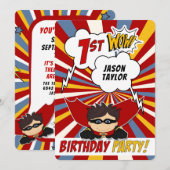 1e verjaardagsfeestje Superhero Red Comic voor jon Kaart (Voorkant / Achterkant)