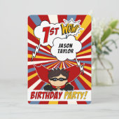 1e verjaardagsfeestje Superhero Red Comic voor jon Kaart (Staand voorkant)