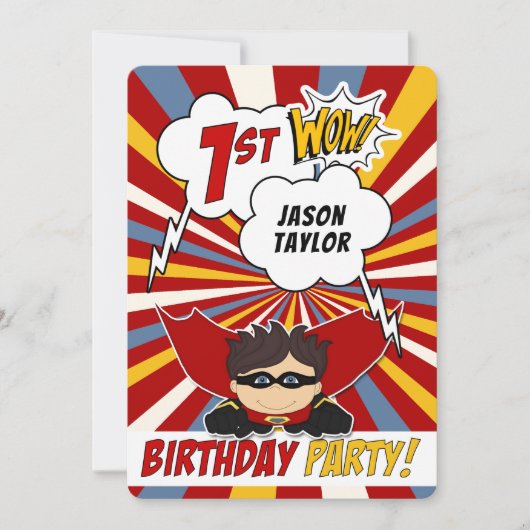 1e verjaardagsfeestje Superhero Red Comic voor jon Kaart (Voorkant)