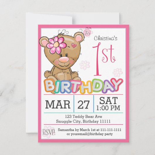 1e verjaardagsfeestje teddybeer uitnodiging (Voorkant)