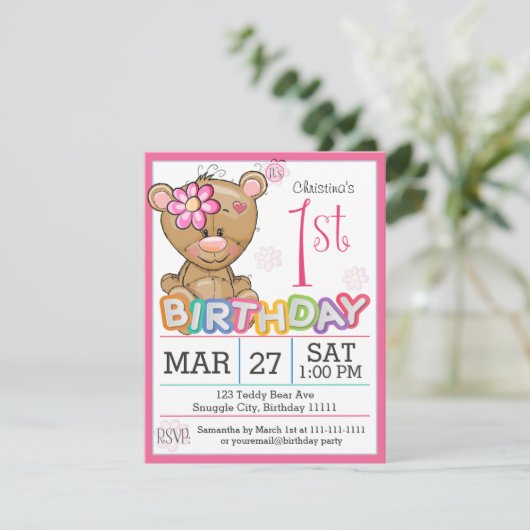 1e verjaardagsfeestje teddybeer uitnodiging (Staand voorkant)