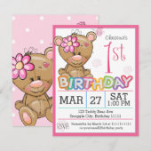 1e verjaardagsfeestje teddybeer uitnodiging (Voorkant / Achterkant)