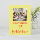 1e verjaardagsfeestje uitnodiging Teddy Bears Part (Staand voorkant)