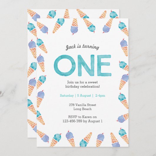 1e verjaardagsfeestje | Uitnodiging voor ijs (Voorkant / Achterkant)