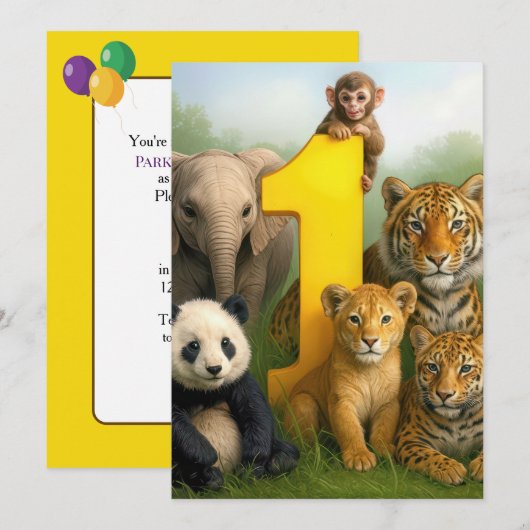1e verjaardagsfeestje wilde dierenbaby's kaart (Voorkant / Achterkant)