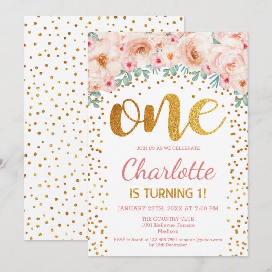 1e verjaardagsfeestje - Wit Goud Roze Kaart (Voorkant / Achterkant)