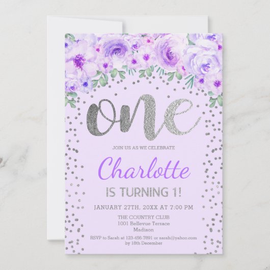 1e verjaardagsfeestje - Zilveren Paarse Kaart (Voorkant)