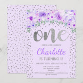 1e verjaardagsfeestje - Zilveren Paarse Kaart (Voorkant / Achterkant)