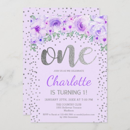 1e verjaardagsfeestje - Zilveren Paarse Kaart (Voorkant / Achterkant)