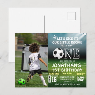 1e verjaardagsfoto sport kinderen voetbalfeestje briefkaart