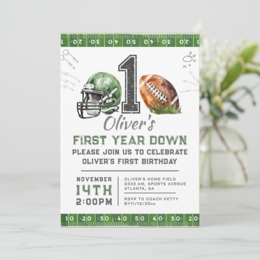 1e verjaardagsjongen Football Uitnodiging bewerkba (Staand voorkant)