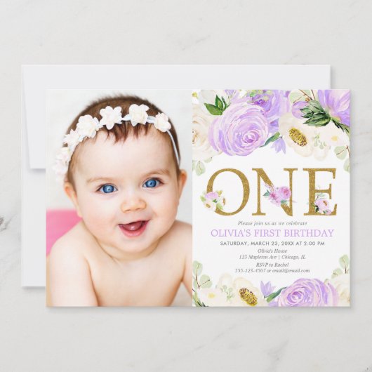 1e verjaardagsmeisje, paarse gouden bloemenfoto kaart (Voorkant)