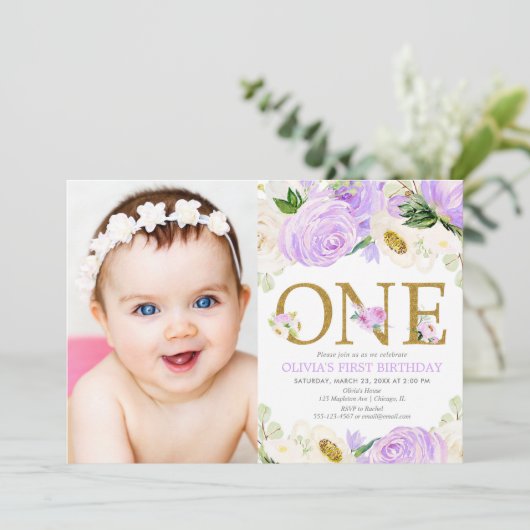 1e verjaardagsmeisje, paarse gouden bloemenfoto kaart (Staand voorkant)