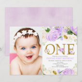 1e verjaardagsmeisje, paarse gouden bloemenfoto kaart (Voorkant / Achterkant)