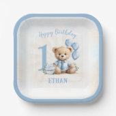 1e verjaardagsnummer Beer Blauw Vierkant Papier Bo Papieren Bordje (Voorkant)