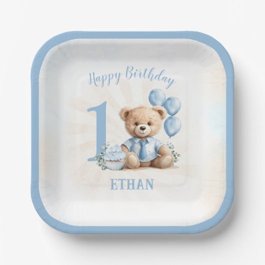1e verjaardagsnummer Beer Blauw Vierkant Papier Bo Papieren Bordje (Voorkant)