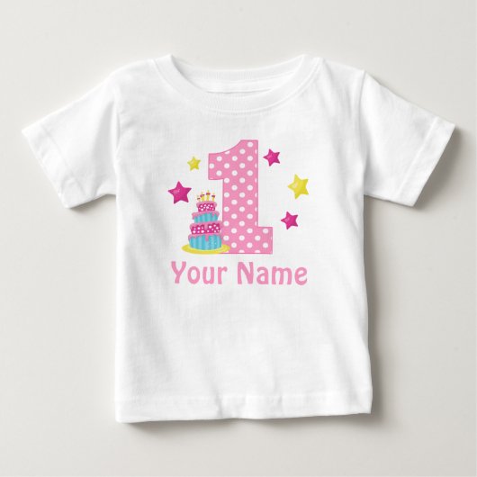 1e Verjaardagstaart Roze Gepersonaliseerd T-shirt (Voorkant)