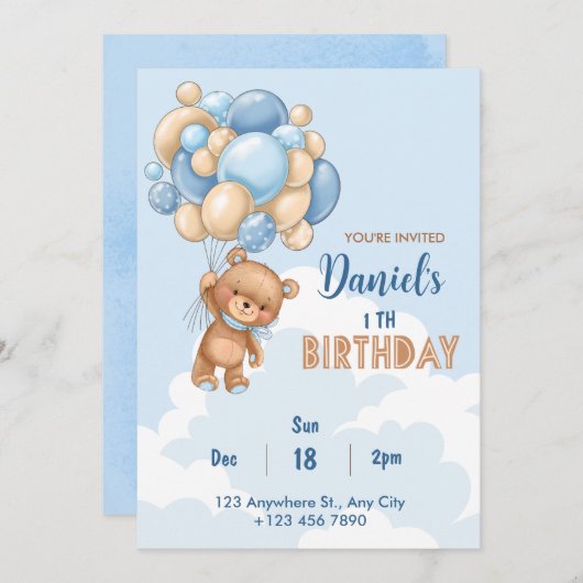 1e Verjaardagsuitnodiging, baby shower uitnodiging (Voorkant / Achterkant)