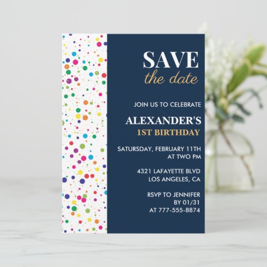 1e verjaardagsuitnodiging Bewaar de datum Confetti Kaart (Staand voorkant)