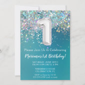 1e verjaardagsuitnodiging Blauwgroen zilveren glit Kaart (Voorkant)
