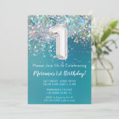1e verjaardagsuitnodiging Blauwgroen zilveren glit Kaart (Staand voorkant)