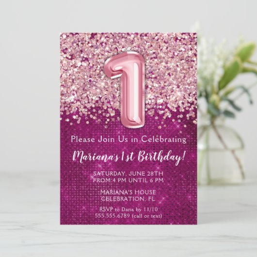 1e verjaardagsuitnodiging meisjesachtig magenta ro kaart (Staand voorkant)