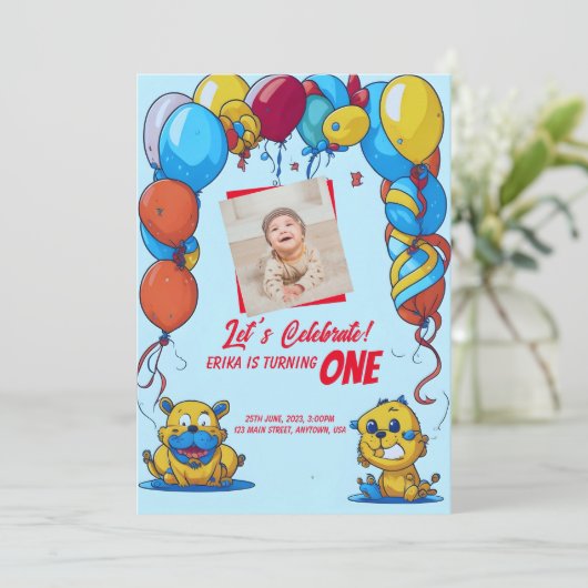 1e verjaardagsuitnodiging met cartoons & ballonnen kaart (Staand voorkant)