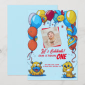 1e verjaardagsuitnodiging met cartoons & ballonnen kaart (Voorkant / Achterkant)