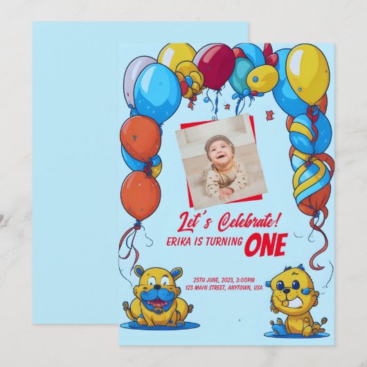 1e verjaardagsuitnodiging met cartoons & ballonnen kaart (Voorkant / Achterkant)