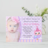 1e verjaardagsuitnodiging met foto (Paarse uil) Kaart (Staand voorkant)