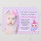 1e verjaardagsuitnodiging met foto (Paarse uil) Kaart (Voorkant / Achterkant)